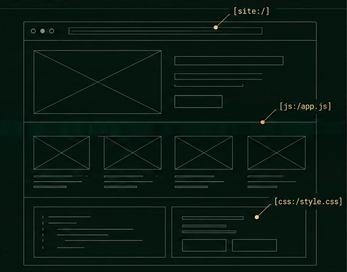A website being read: page, scripts and styles, each tagged with where it came from